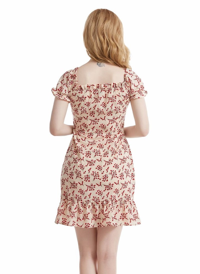 Women's Printed Round Neck Short Sleeve Ruffle Mini Dress Beige/Red