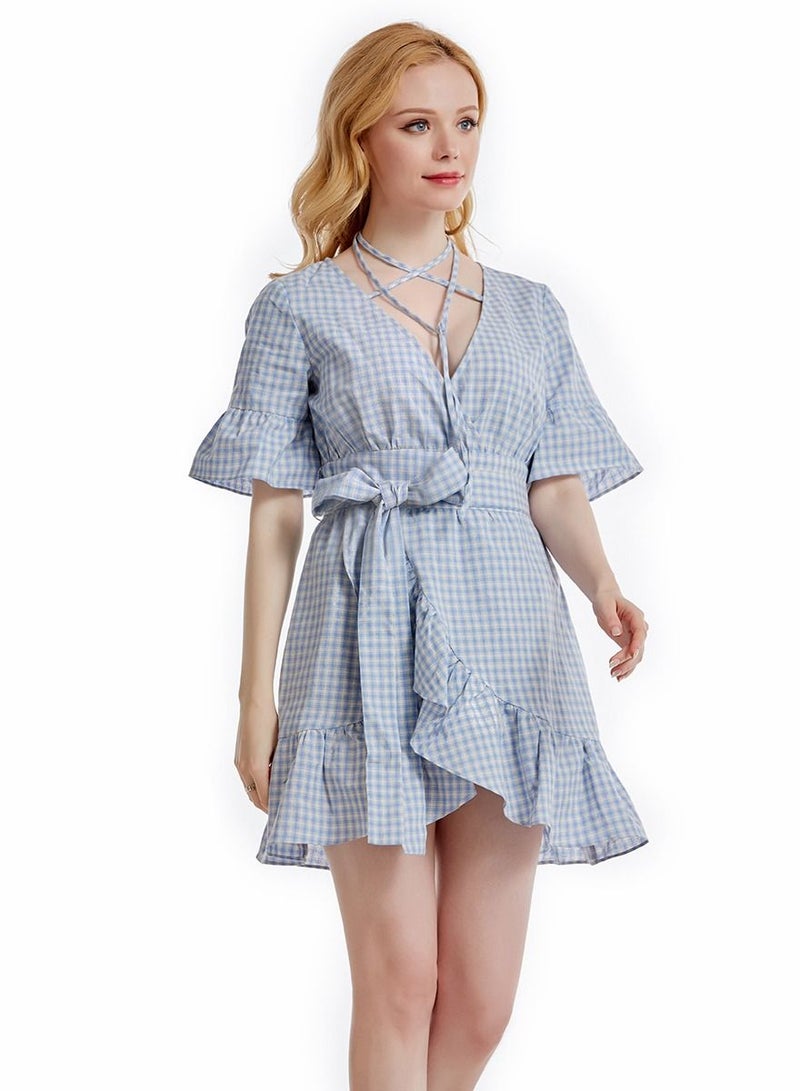 Women's Checkered Pattern Short Sleeve Ruffle Mini Dress Light Blue