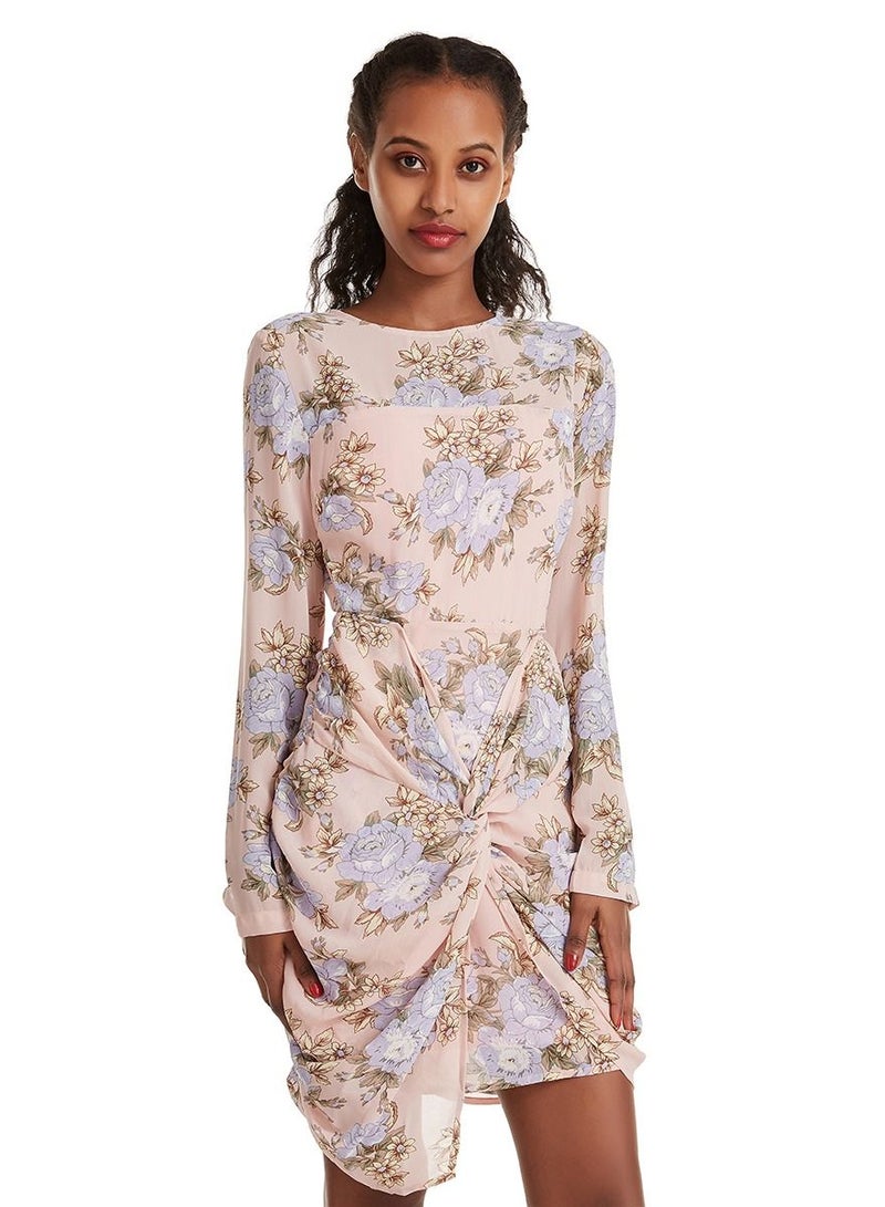 Woman's Stylish Floral Printed Long Sleeve Mini Dress Pink Mix