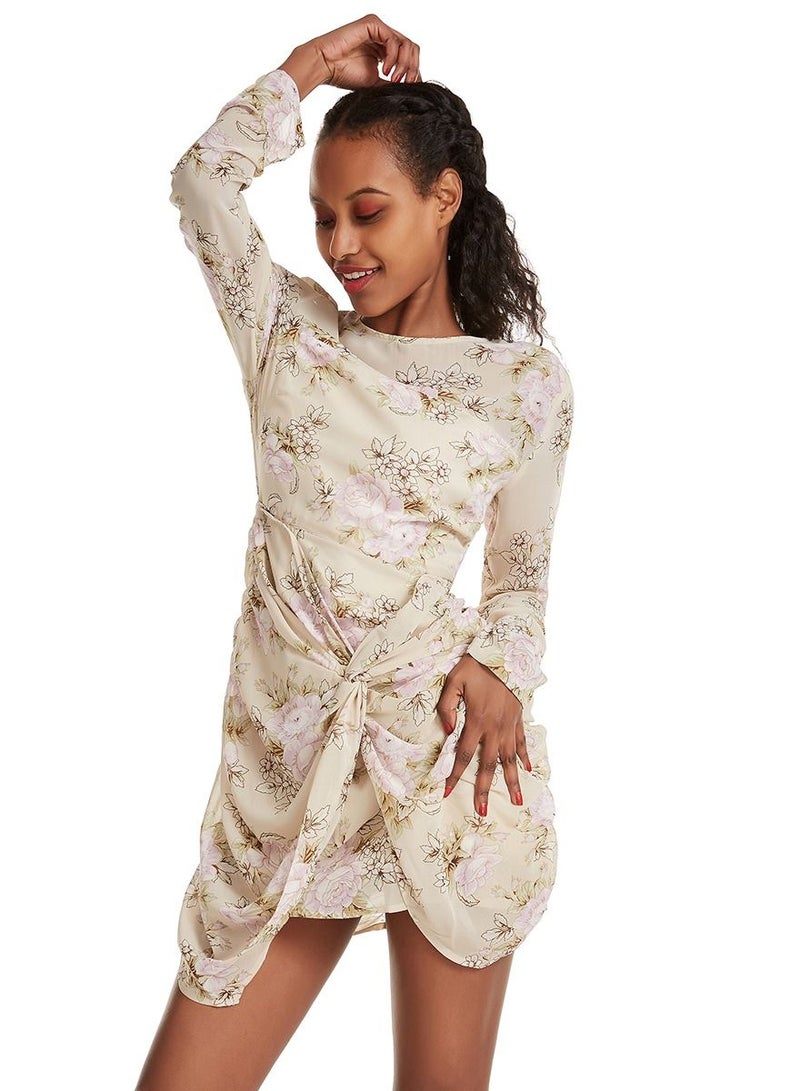 Woman's Stylish Floral Printed Long Sleeve Mini Dress Ivory Mix