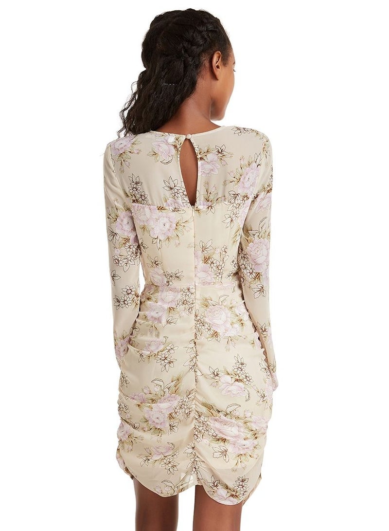 Woman's Stylish Floral Printed Long Sleeve Mini Dress Ivory Mix