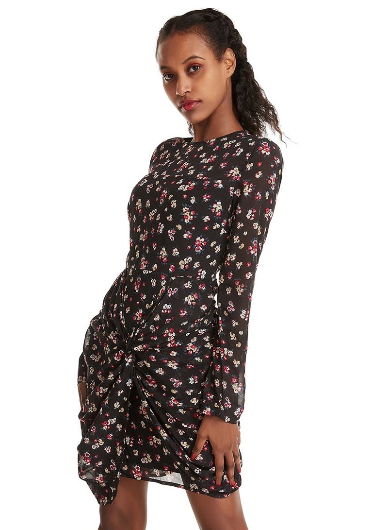 Woman's Stylish Floral Printed Long Sleeve Mini Dress Black Mix