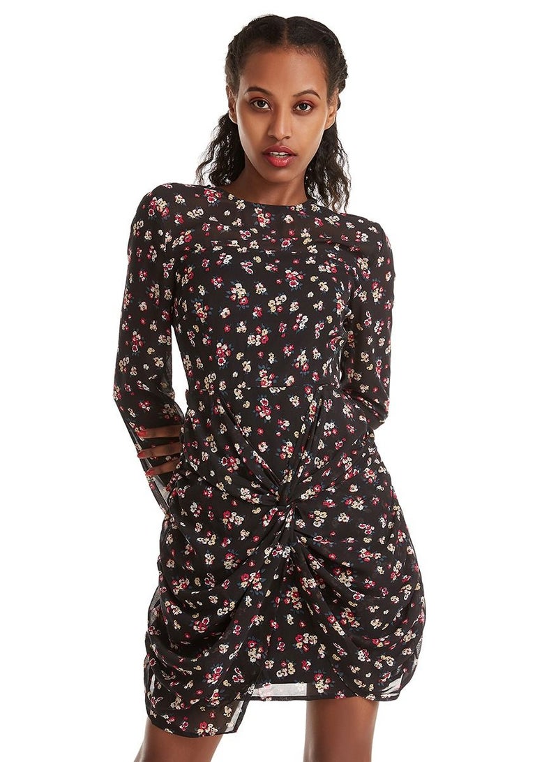 Woman's Stylish Floral Printed Long Sleeve Mini Dress Black Mix