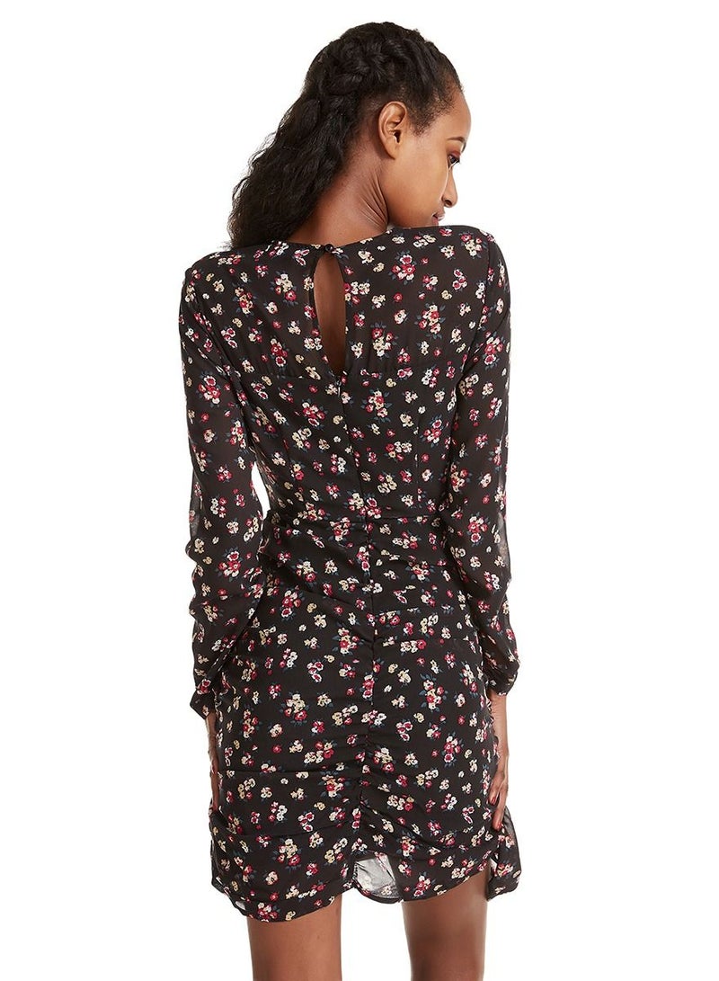 Woman's Stylish Floral Printed Long Sleeve Mini Dress Black Mix