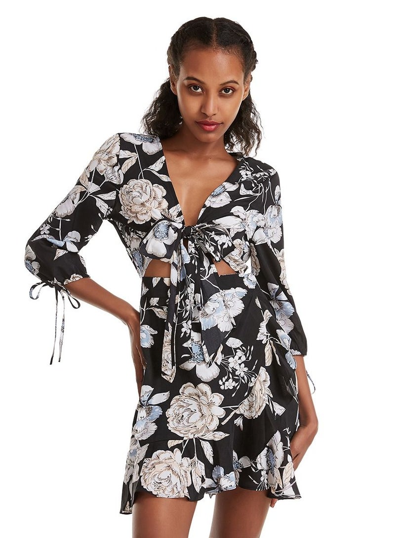 Women's Floral Print Deep V Neck Ruffled Mini Dress Black/White