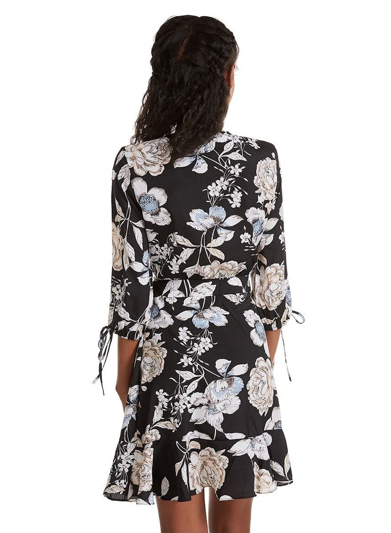 Women's Floral Print Deep V Neck Ruffled Mini Dress Black/White