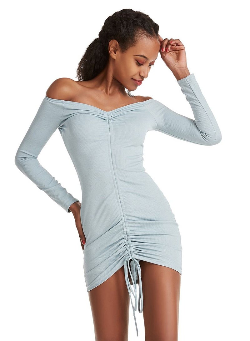 Women's Stylish Solid Color V Neck Off-The-Shoulder Mini Tight Fit Dress Light Blue