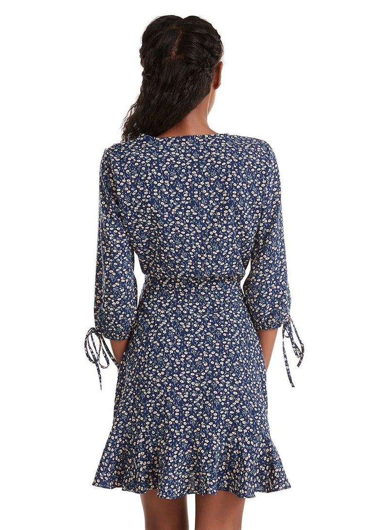 Women's Floral Print Deep V Neck Ruffled Mini Dress Navy Blue Mix