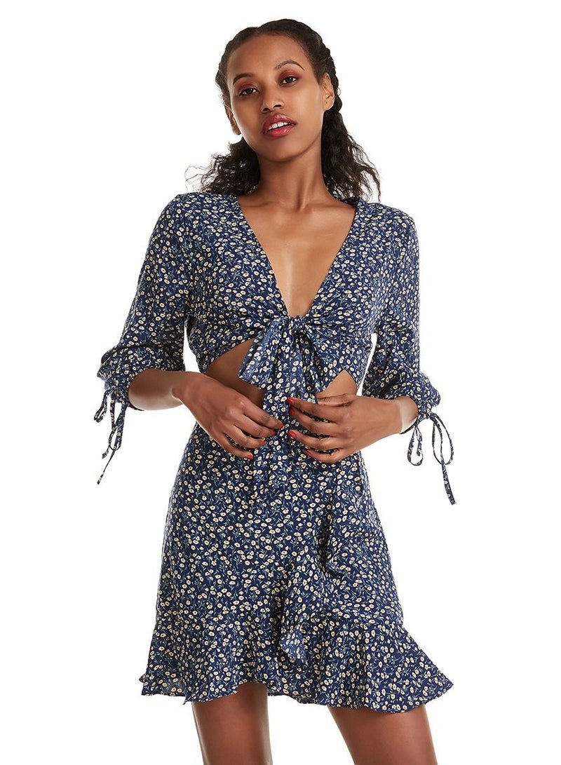 Women's Floral Print Deep V Neck Ruffled Mini Dress Navy Blue Mix