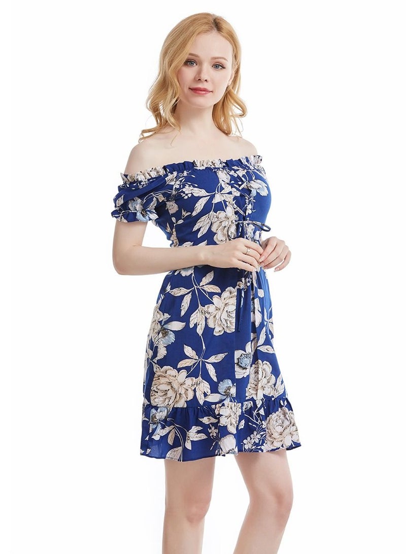 Women's Floral Printed Round Neck Short Sleeve Ruffle Mini Dress Blue/Beige