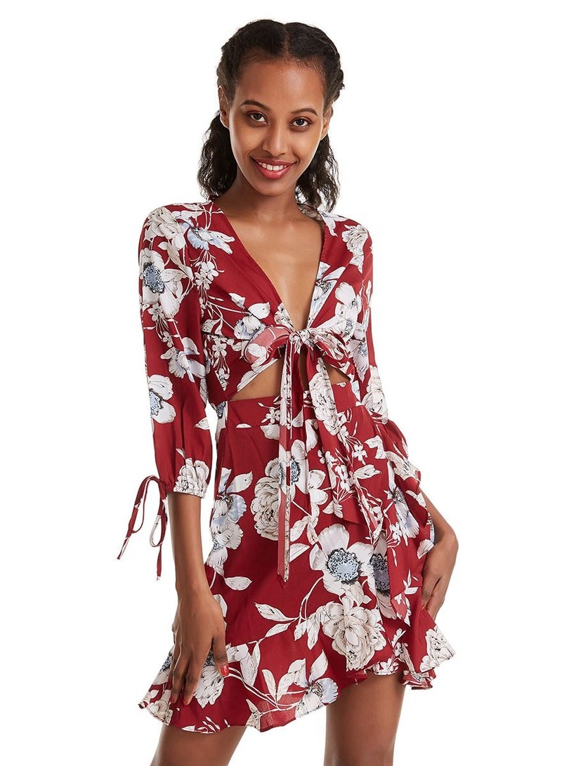 Women's Floral Print Deep V Neck Ruffled Mini Dress Wine Red/White