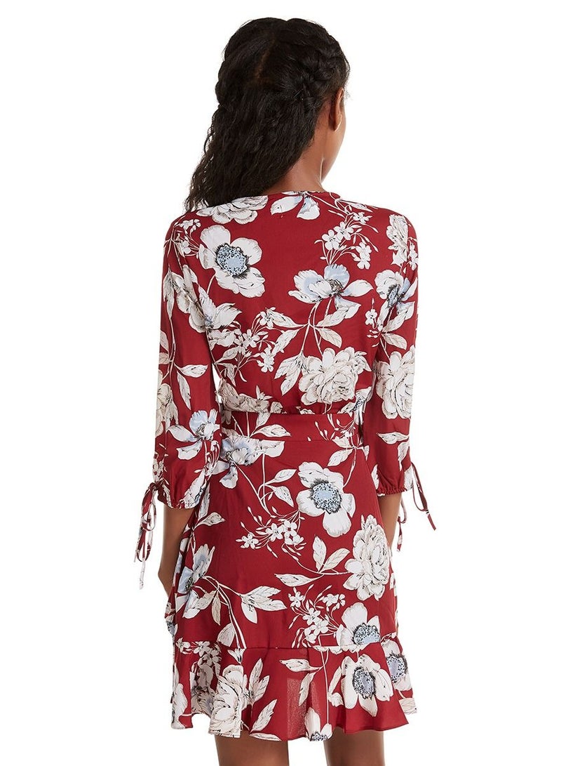 Women's Floral Print Deep V Neck Ruffled Mini Dress Wine Red/White