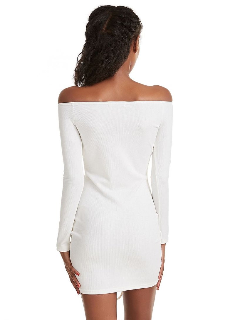 Women's Stylish Solid Color V Neck Off-The-Shoulder Mini Tight Fit Dress White