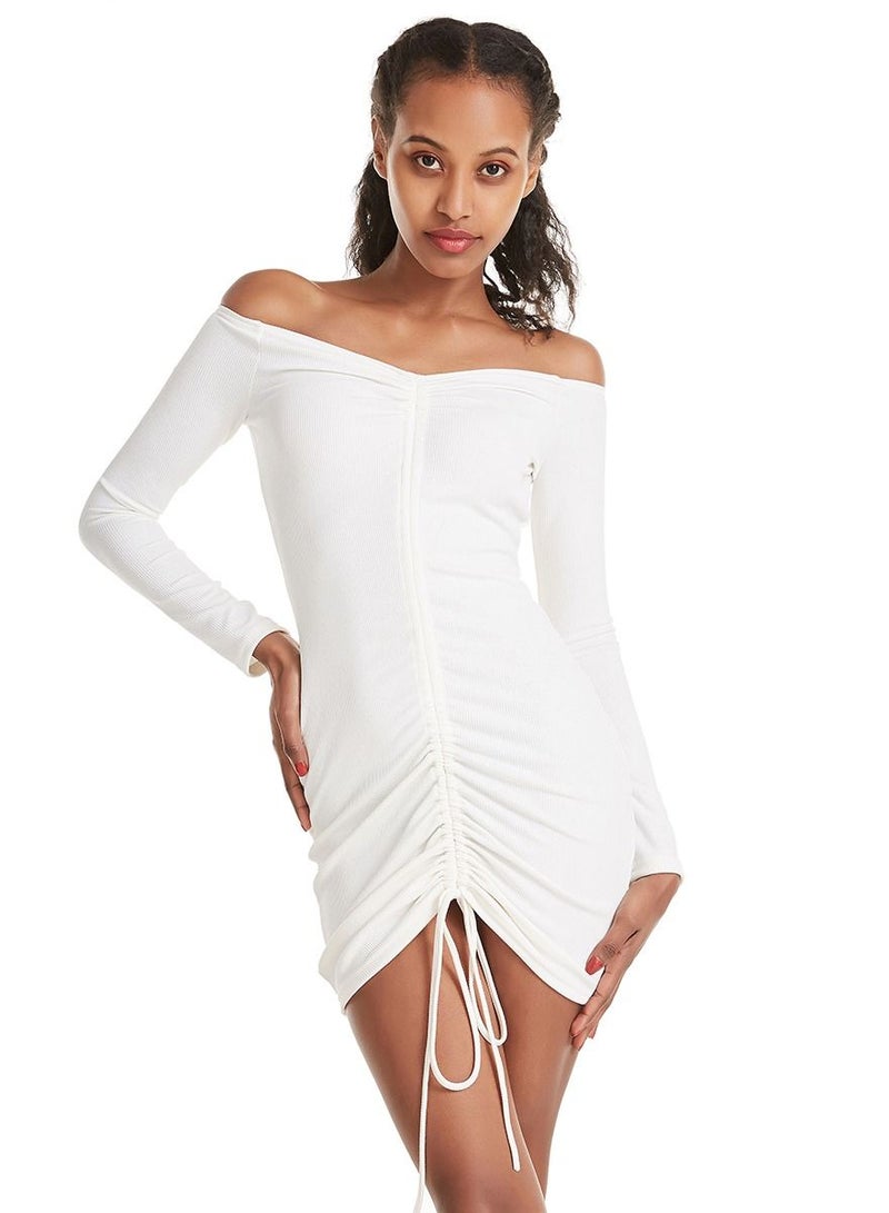 Women's Stylish Solid Color V Neck Off-The-Shoulder Mini Tight Fit Dress White