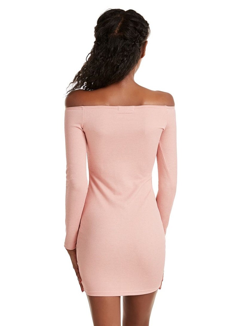 Women's Stylish Solid Color V Neck Off-The-Shoulder Mini Tight Fit Dress Pink