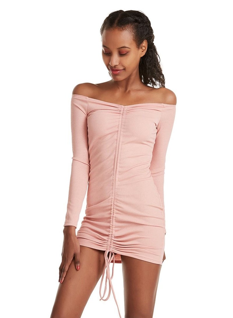 Women's Stylish Solid Color V Neck Off-The-Shoulder Mini Tight Fit Dress Pink