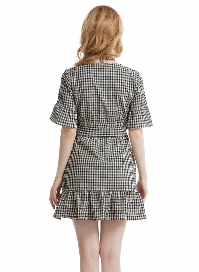 Women's Checkered Pattern Short Sleeve Ruffle Mini Dress Black