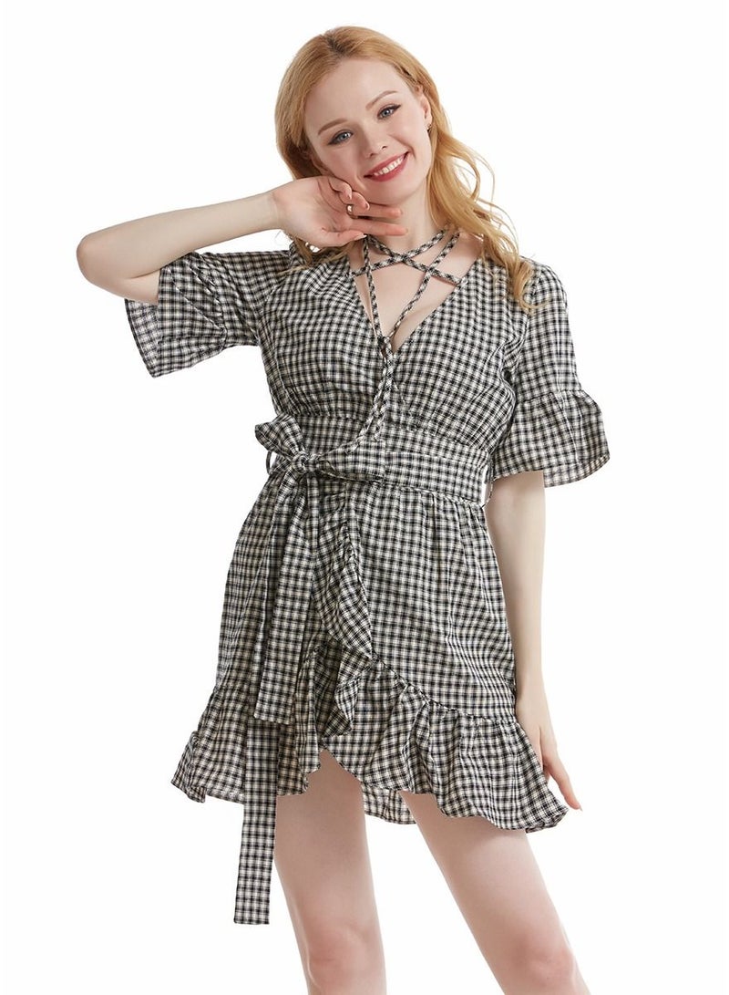 Women's Checkered Pattern Short Sleeve Ruffle Mini Dress Black