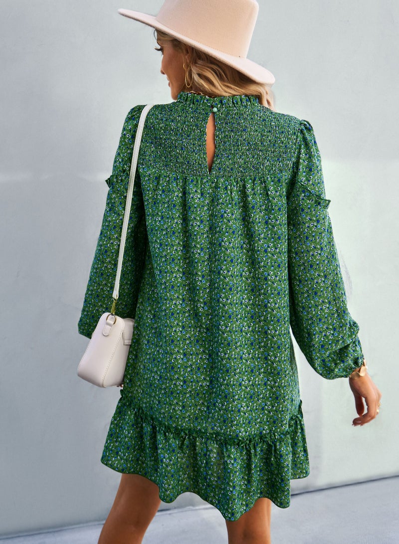 Floral Reduction Holiday Casual Dress Green