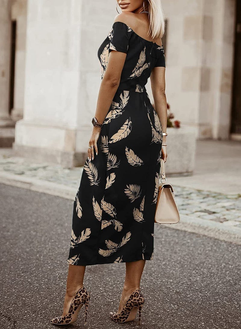 Fashion Print Temperament Slit One-Line Neck Dress