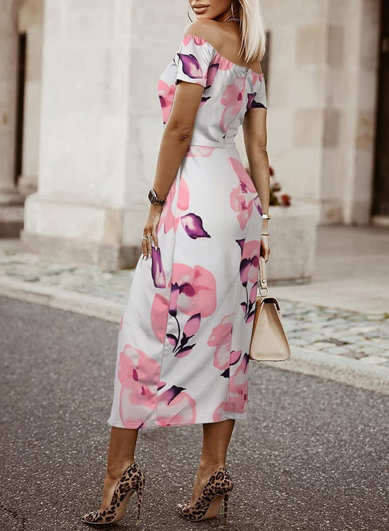 Fashion Print Temperament Slit One-Line Neck Dress