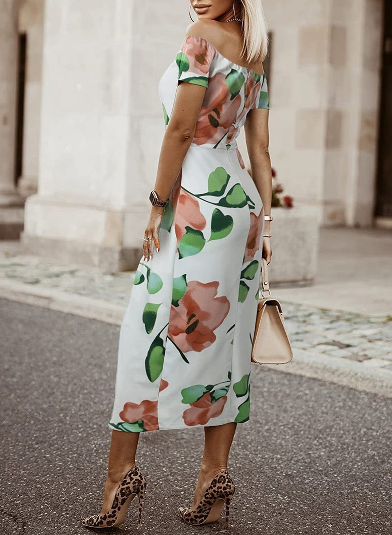 Fashion Print Temperament Slit One-Line Neck Dress
