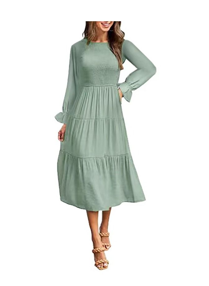 New Summer Fashion Simple Solid Color Flared Long Sleeves Dress