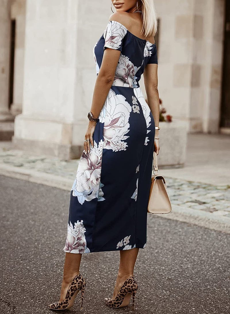 Fashion Print Temperament Slit One-Line Neck Dress