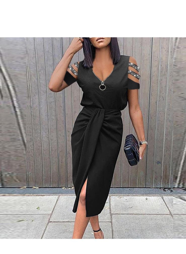 New Women's Solid Color Zipper Hollow Out Pleated Short Sleeve V-Neck Dress