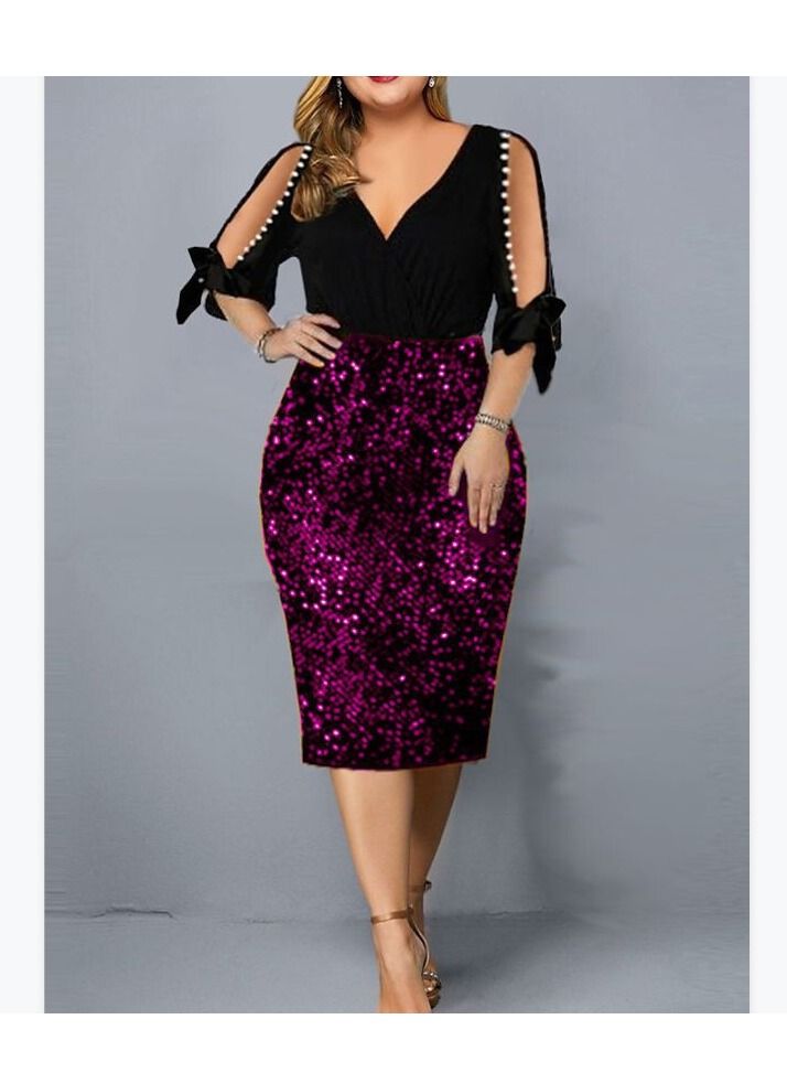 Women Fashion New V-neck Sequin Petal Sleeve Dress