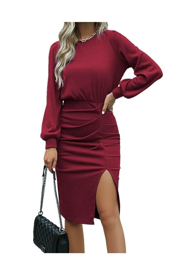 Women's Thread Tucked Waist Lantern Sleeve Knitted Slit Slim Dress