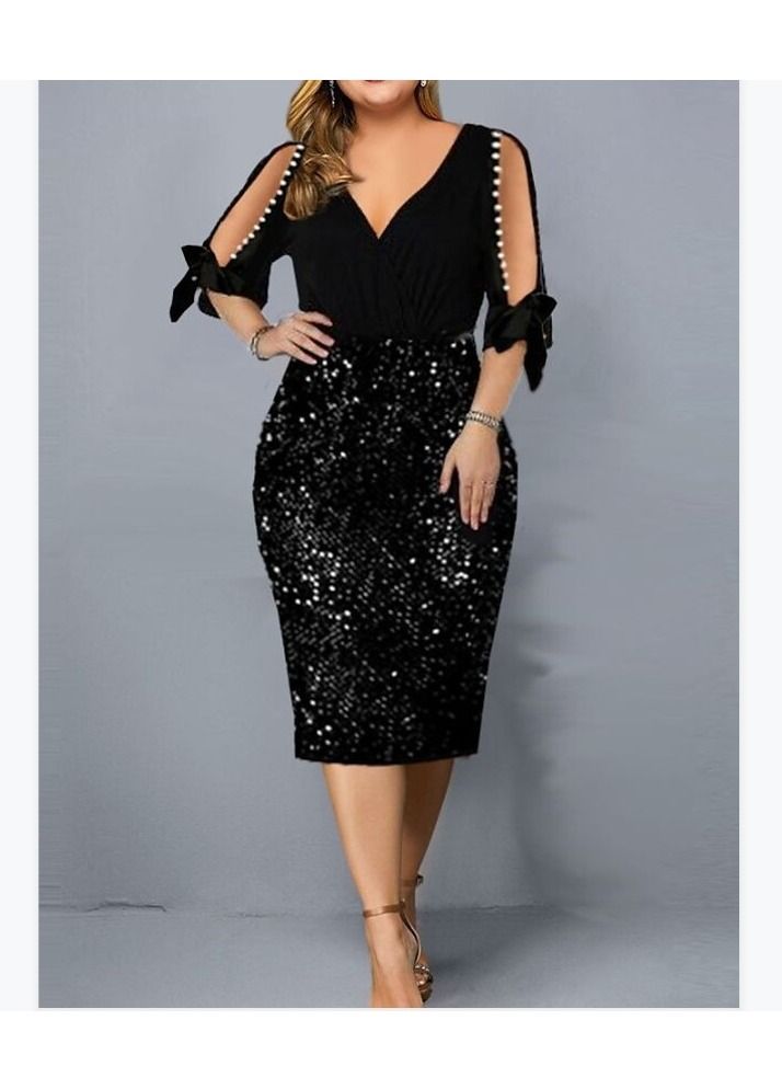 Women Fashion New V-neck Sequin Petal Sleeve Dress