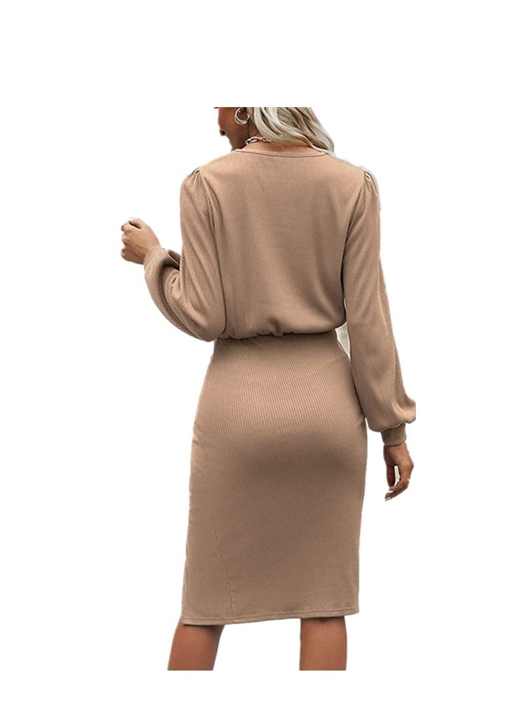 Women's Thread Tucked Waist Lantern Sleeve Knitted Slit Slim Dress