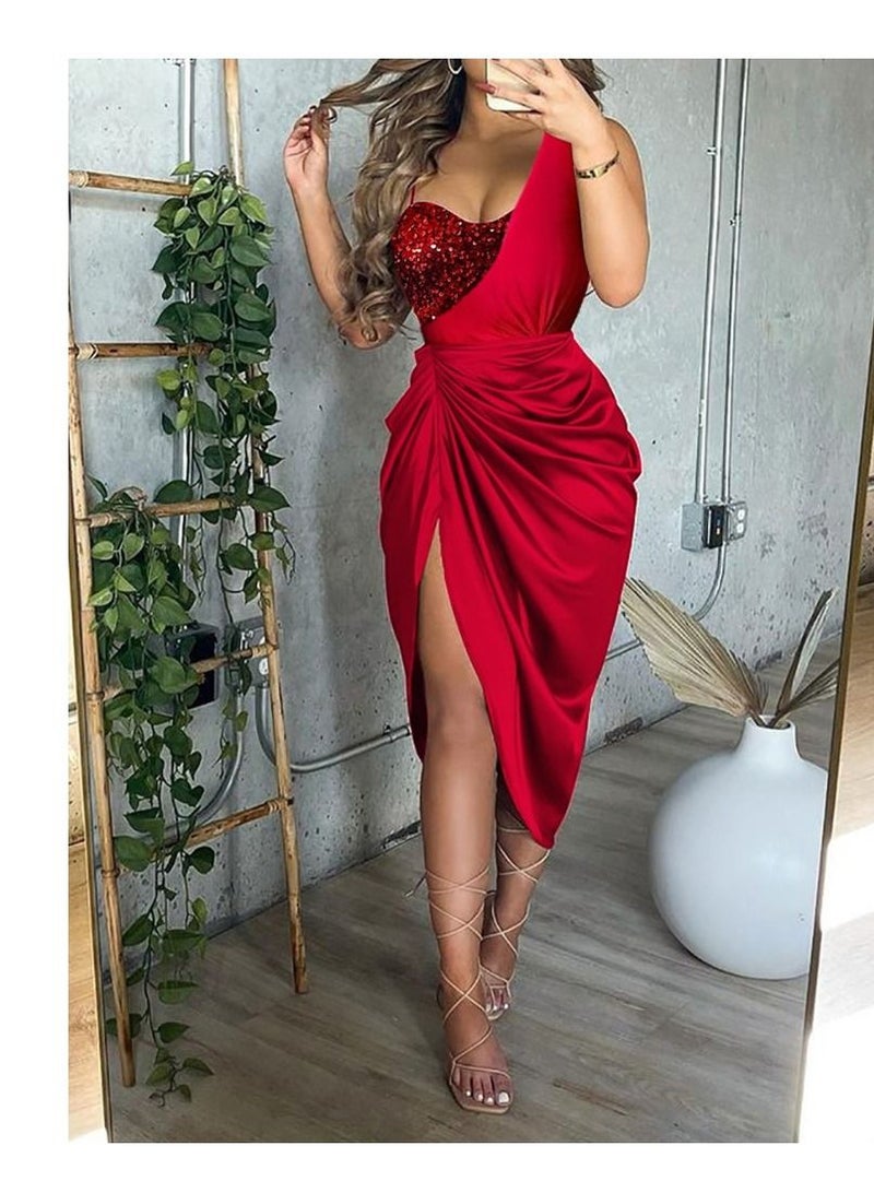 Fashion Bead Piece Slit Pleated One-Shoulder Dress