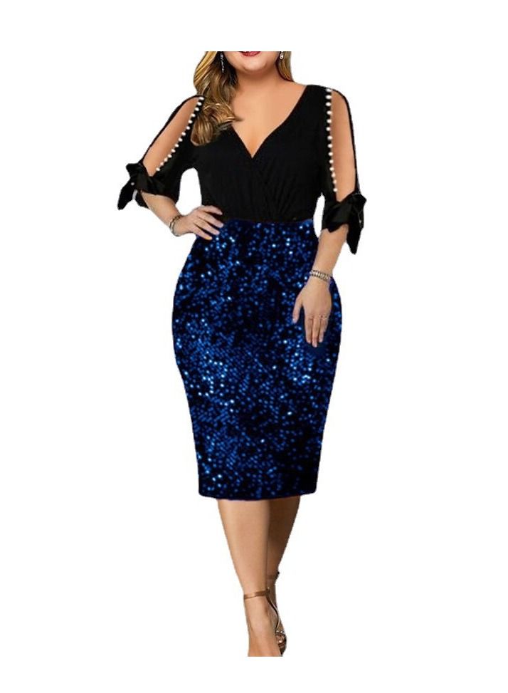 Women Fashion New V-neck Sequin Petal Sleeve Dress