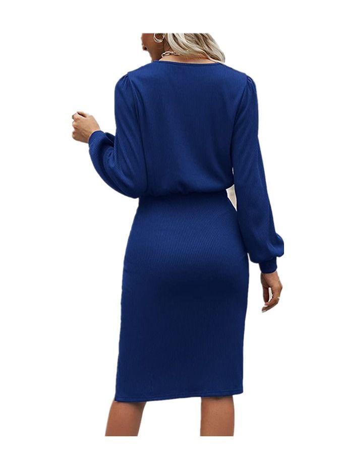 Women's Thread Tucked Waist Lantern Sleeve Knitted Slit Slim Dress