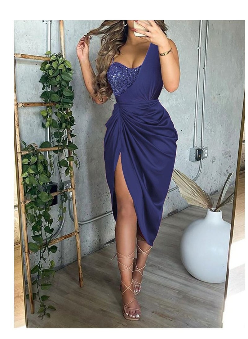 Fashion Bead Piece Slit Pleated One-Shoulder Dress