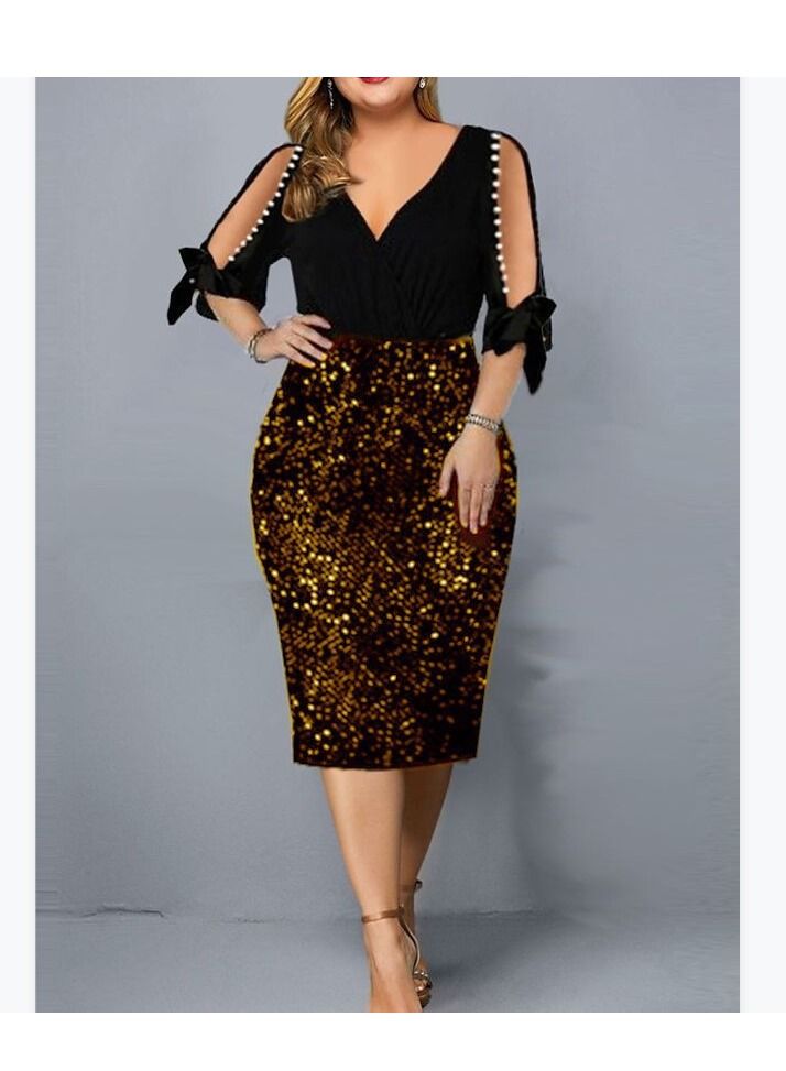 Women Fashion New V-neck Sequin Petal Sleeve Dress