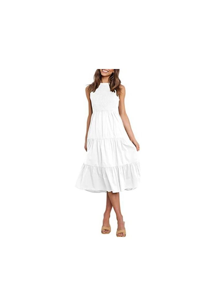 Women's New Fashion Simple Sleeveless Shrink Pleats Elastic Waist Layering Large Swing Dress