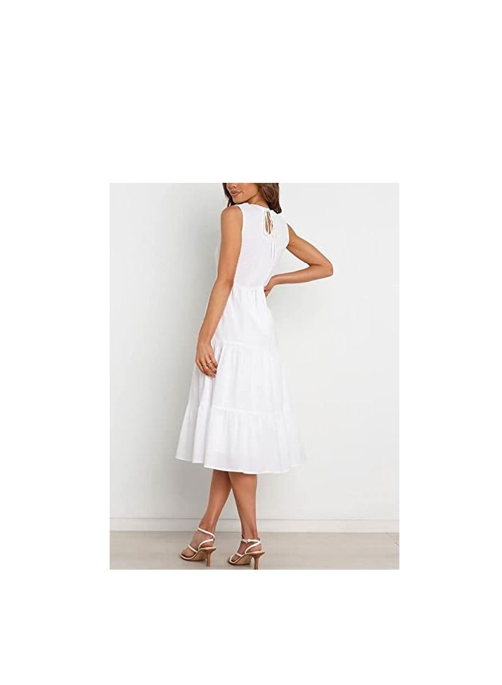 Women's New Fashion Simple Sleeveless Shrink Pleats Elastic Waist Layering Large Swing Dress