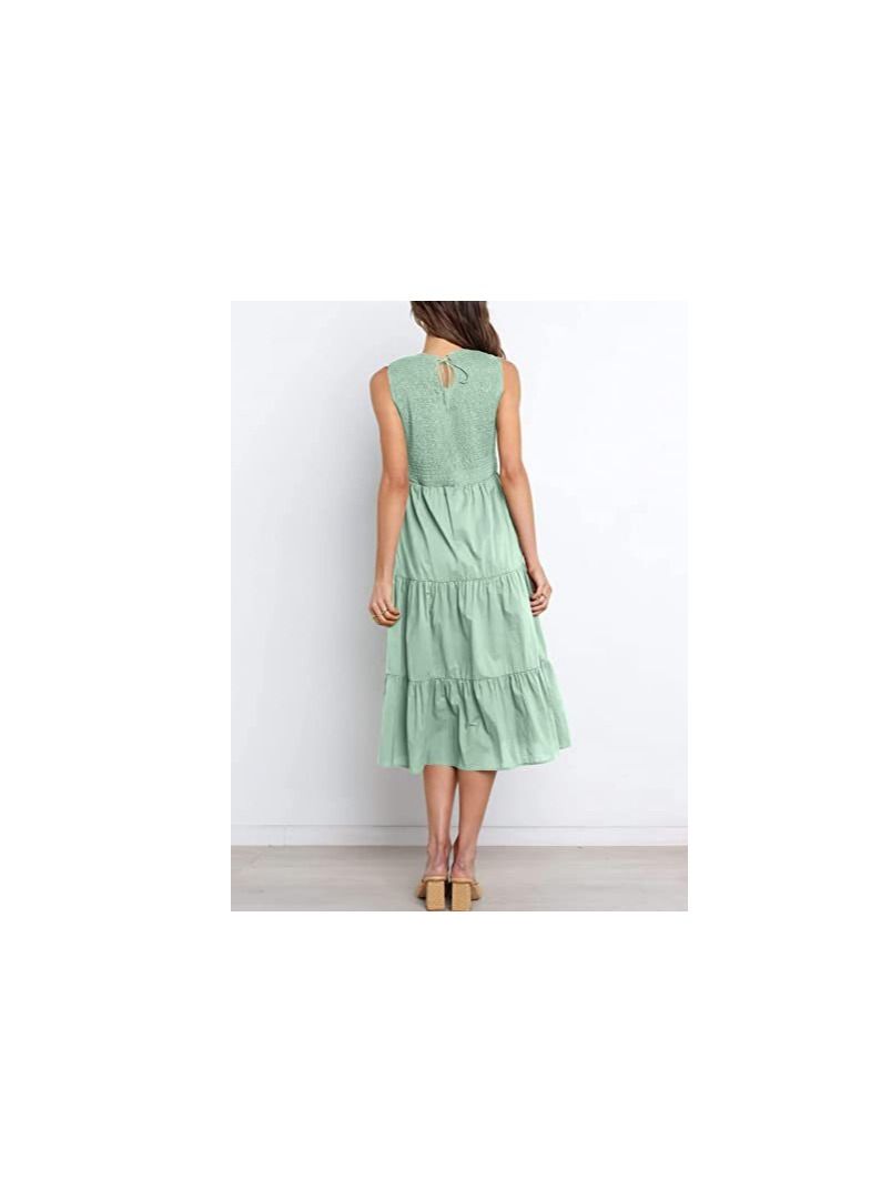 Women's New Fashion Simple Sleeveless Shrink Pleats Elastic Waist Layering Large Swing Dress