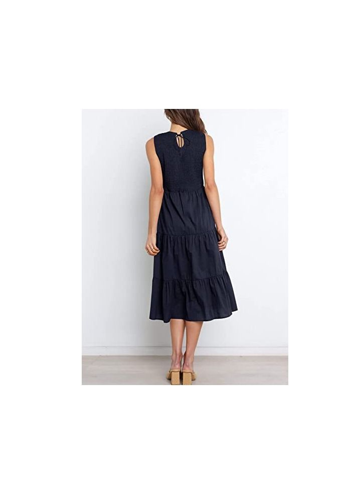 Women's New Fashion Simple Sleeveless Shrink Pleats Elastic Waist Layering Large Swing Dress