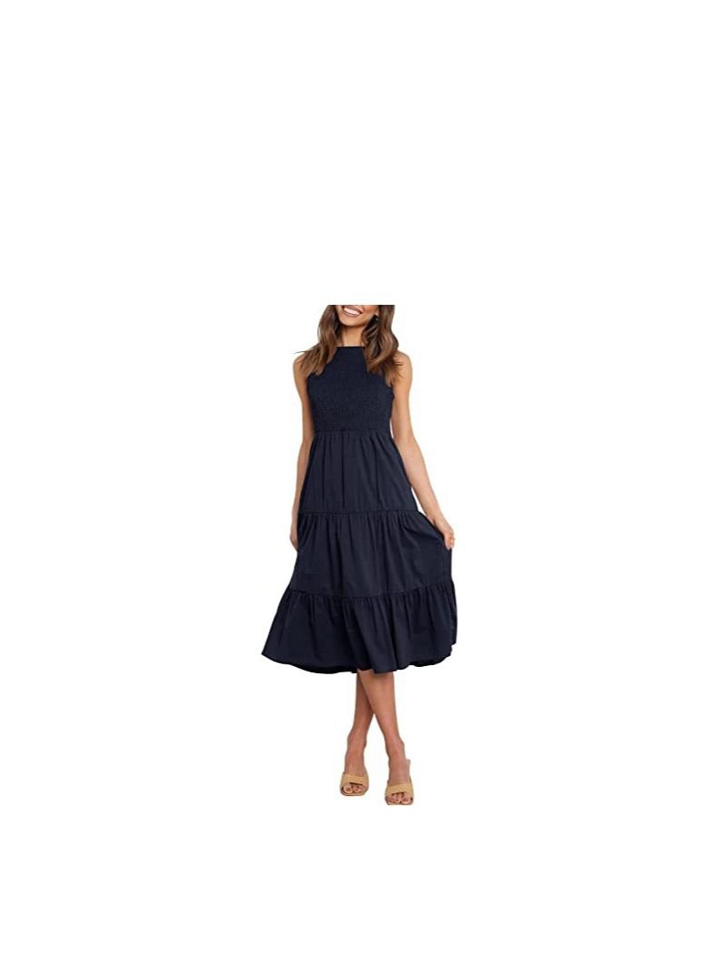 Women's New Fashion Simple Sleeveless Shrink Pleats Elastic Waist Layering Large Swing Dress