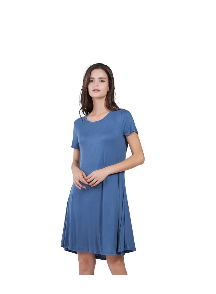 New Round Neck Solid Color Casual Simple Pocket Short Sleeve Dress