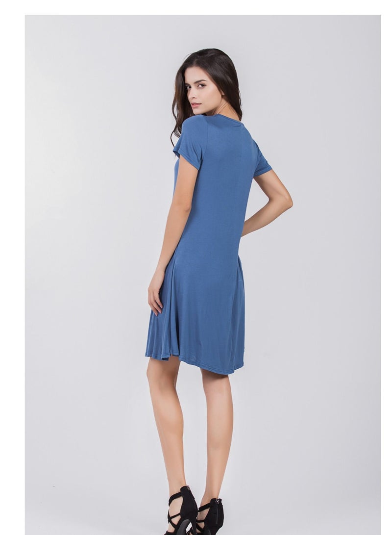 New Round Neck Solid Color Casual Simple Pocket Short Sleeve Dress