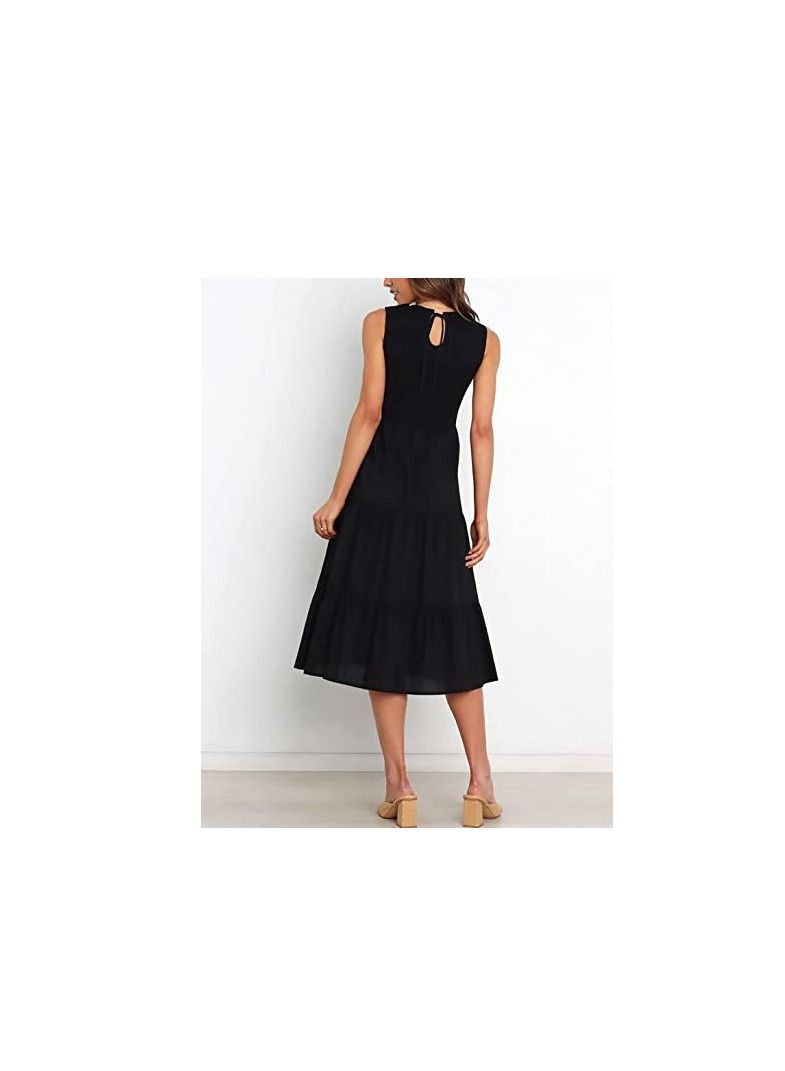 Women's New Fashion Simple Sleeveless Shrink Pleats Elastic Waist Layering Large Swing Dress