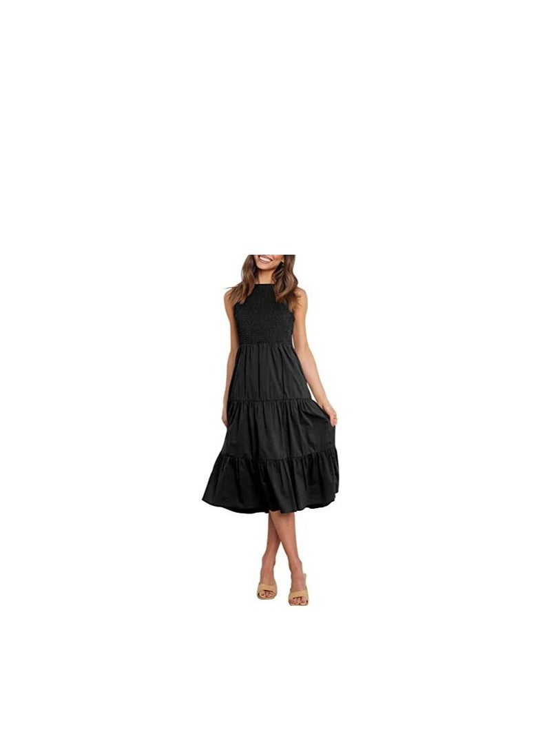 Women's New Fashion Simple Sleeveless Shrink Pleats Elastic Waist Layering Large Swing Dress