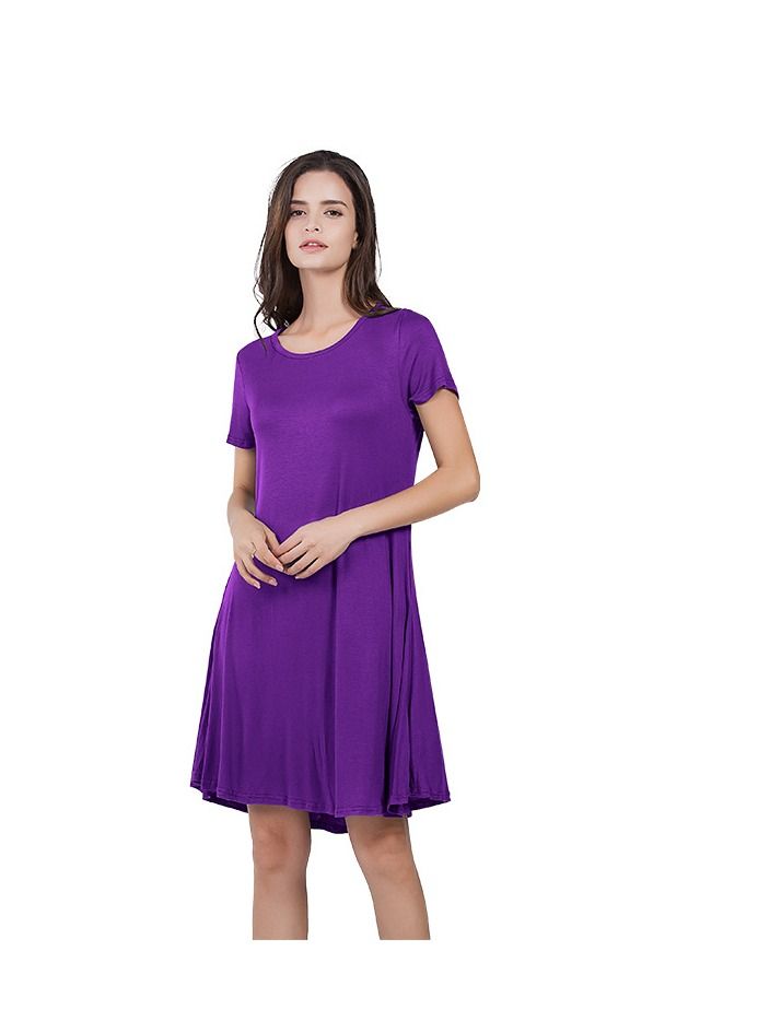 New Round Neck Solid Color Casual Simple Pocket Short Sleeve Dress