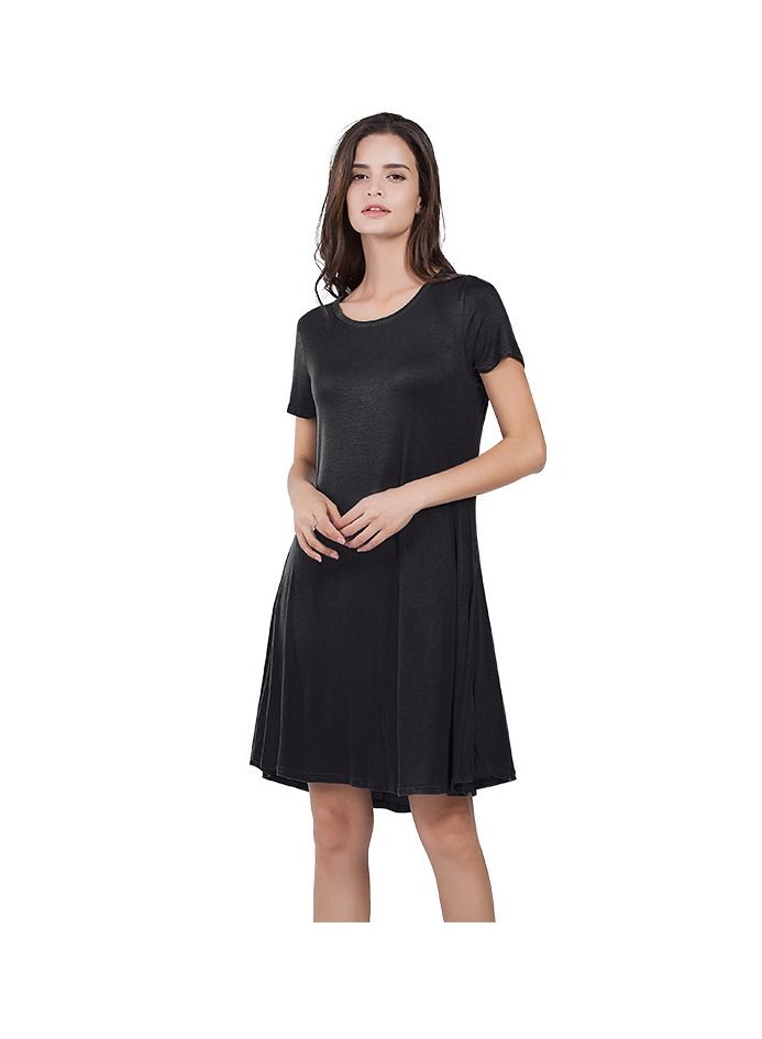 New Round Neck Solid Color Casual Simple Pocket Short Sleeve Dress