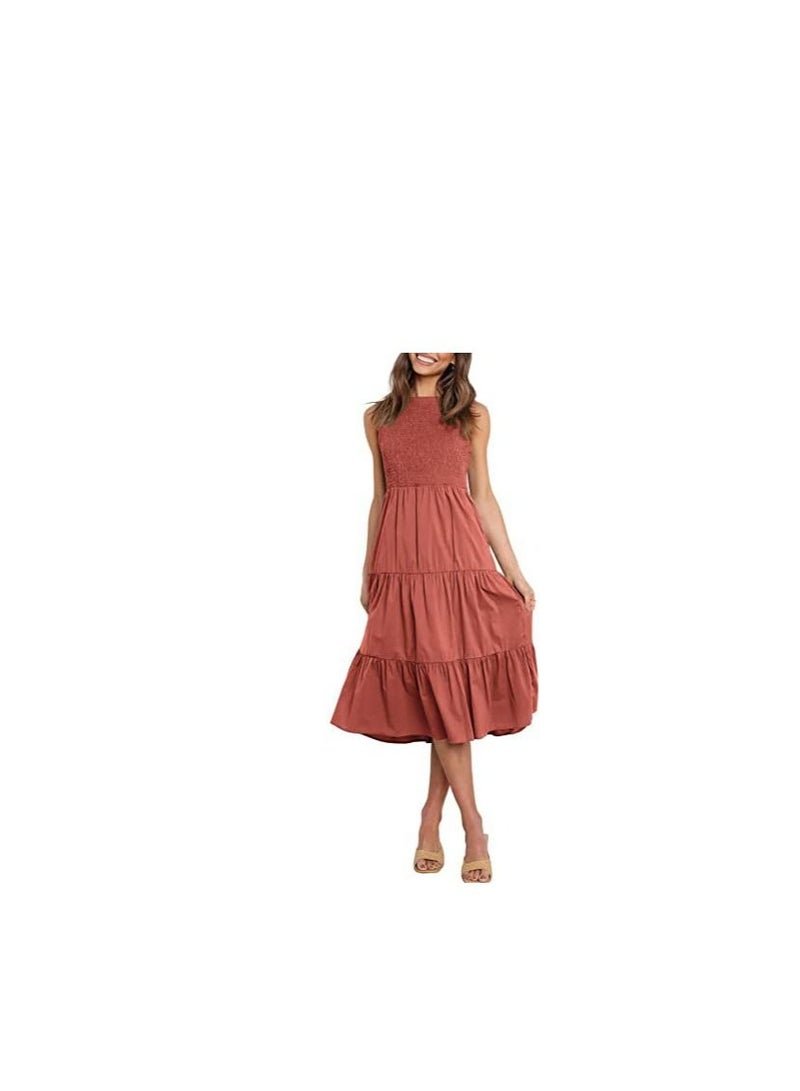 Women's New Fashion Simple Sleeveless Shrink Pleats Elastic Waist Layering Large Swing Dress